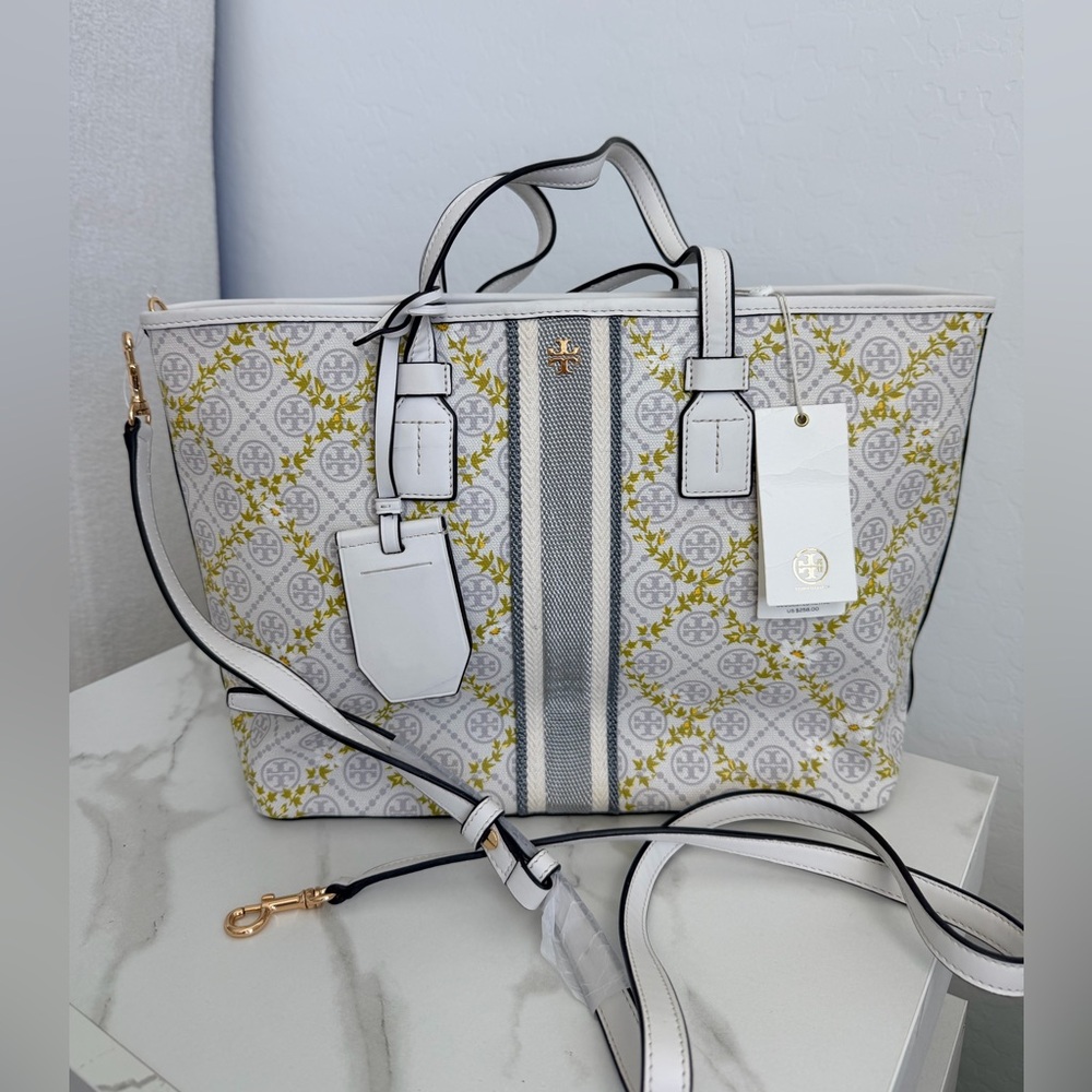 TORY BURCH T MONOGRAM FLORAL VINE SMALL TOP-ZIP TOTE BAG